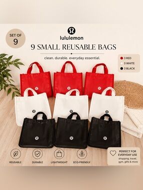 Lululemon Reusable Small Tote Bag Bundle | Set of 9 | Red White Black